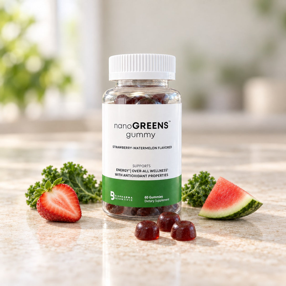 NanoGreens Gummies with strawberry, watermelon and kale