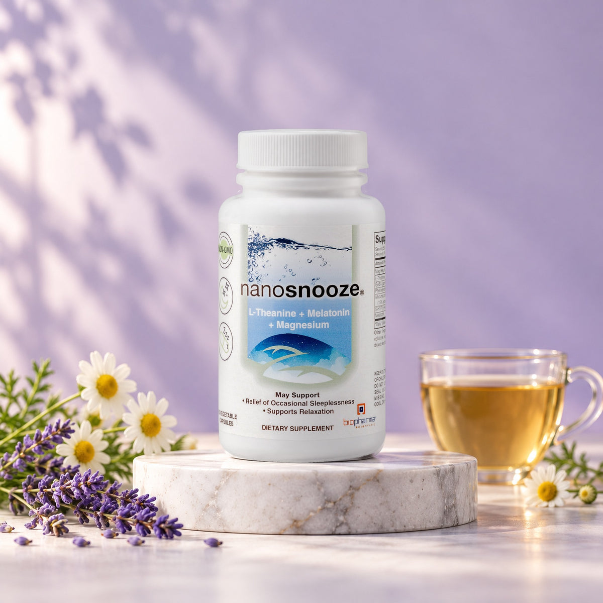 NanoSnooze bottle in a bright studio still life with fresh ingredients