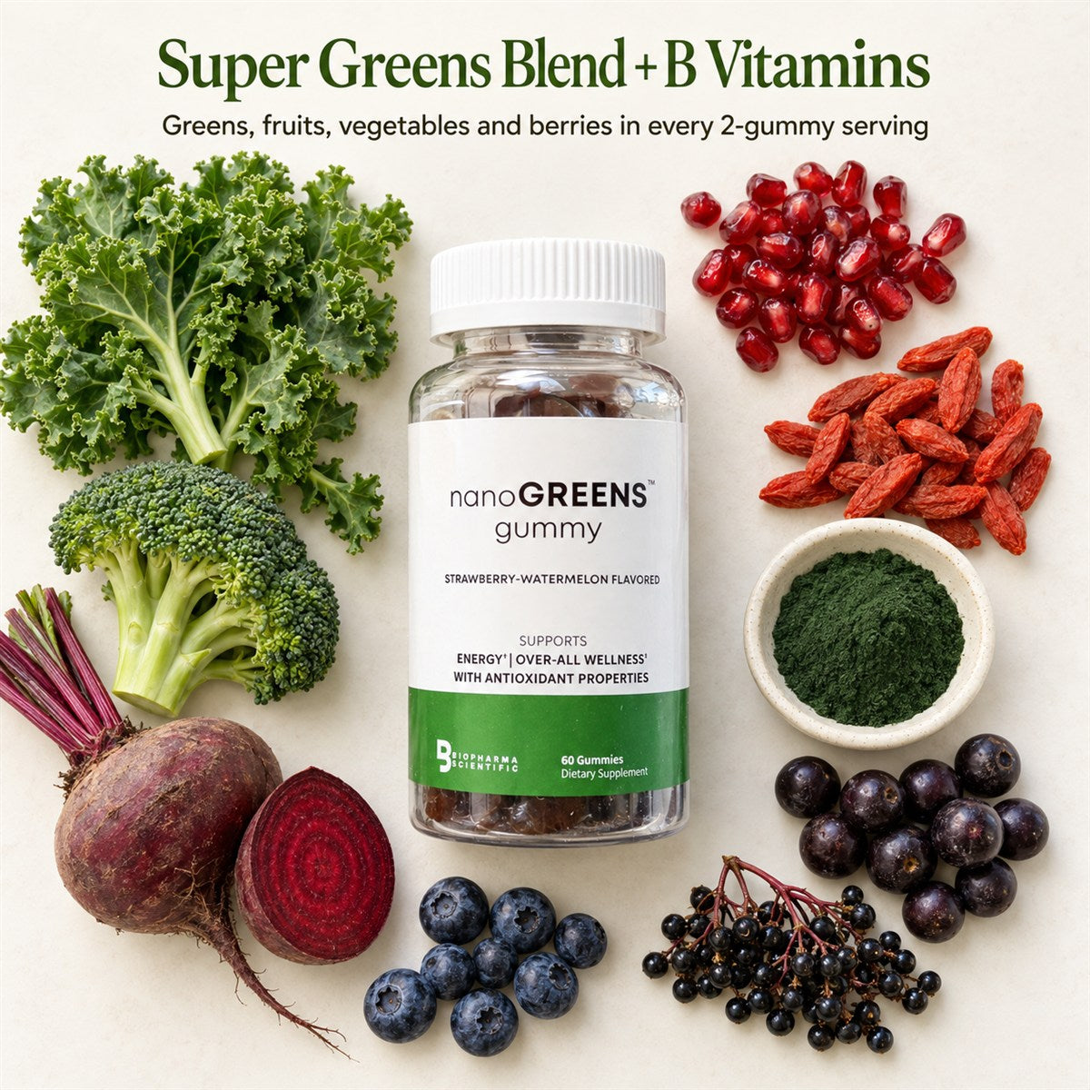 NanoGreens Gummies Super Greens Blend and B vitamins ingredients