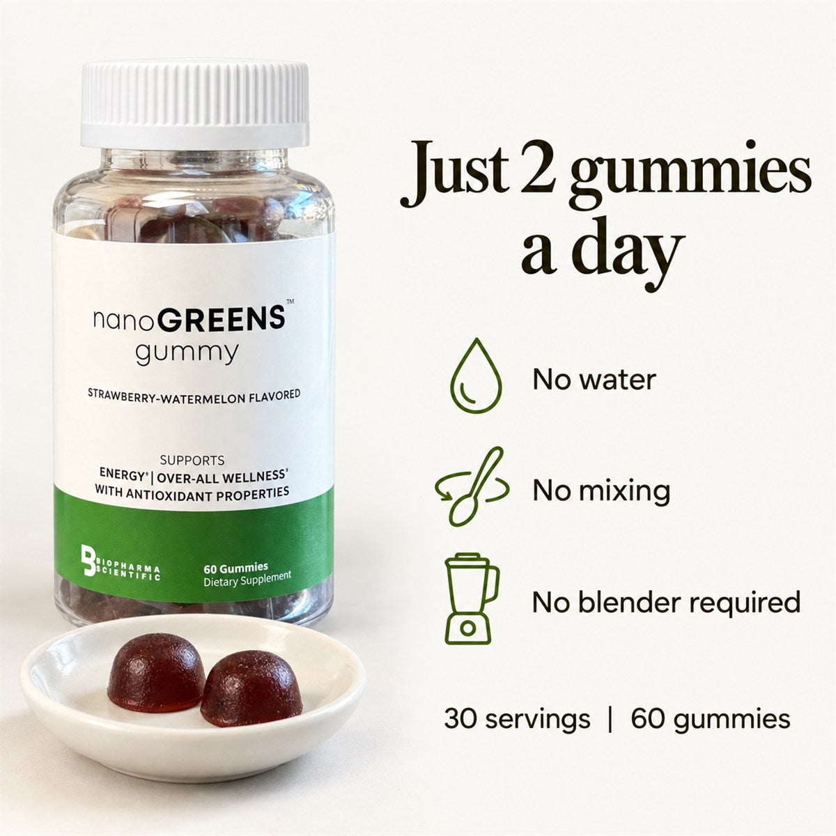 Just 2 NanoGreens Gummies a day, no water, no mixing