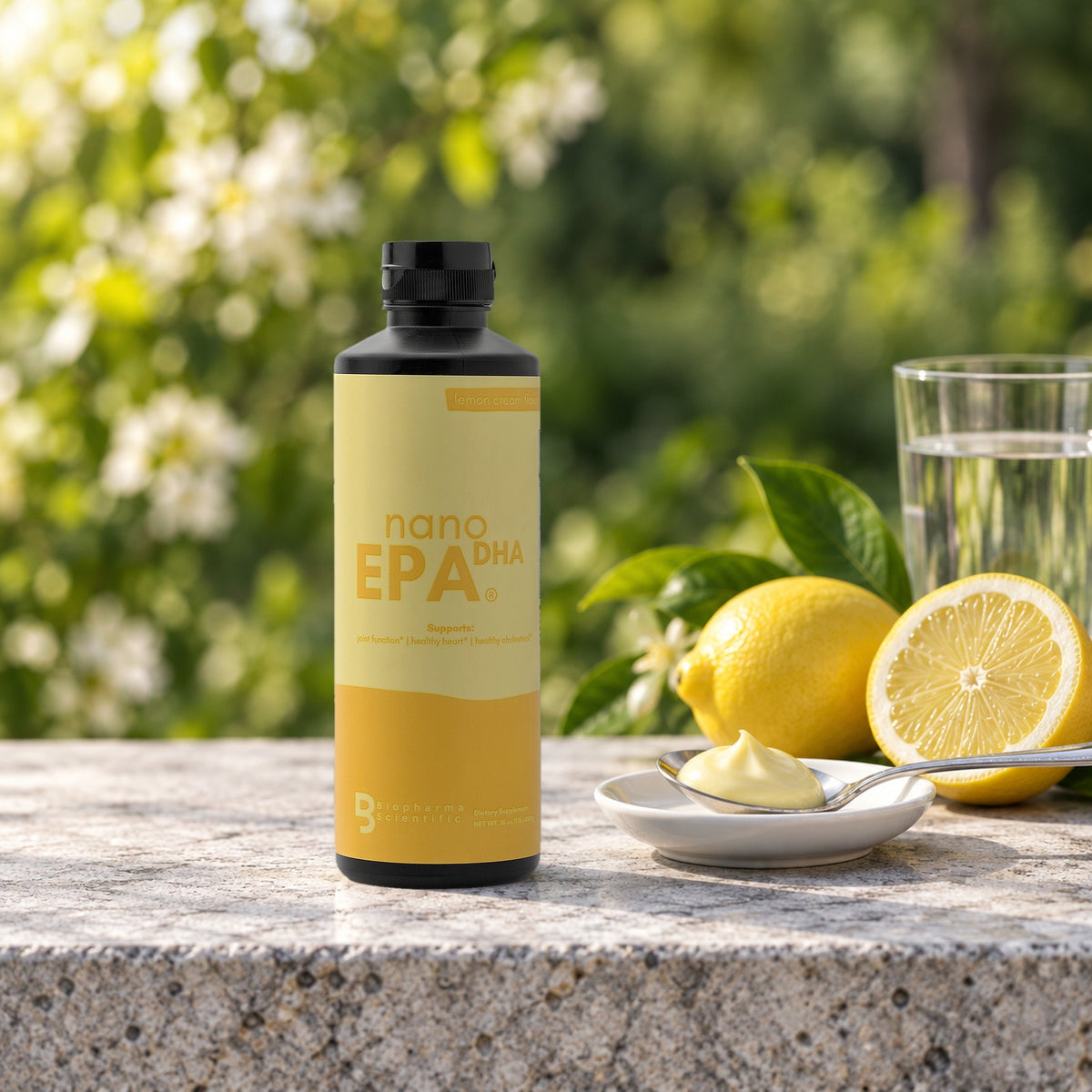 NanoEPA DHA Lemon Cream bottle in a fresh morning still life