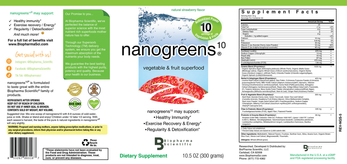 NanoGreens Strawberry - full bottle label