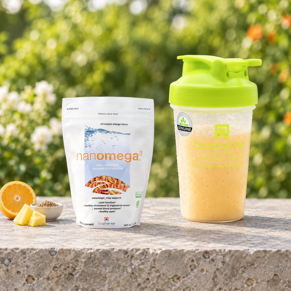 NanoMega Pineapple Orange pouch in a fresh morning still life