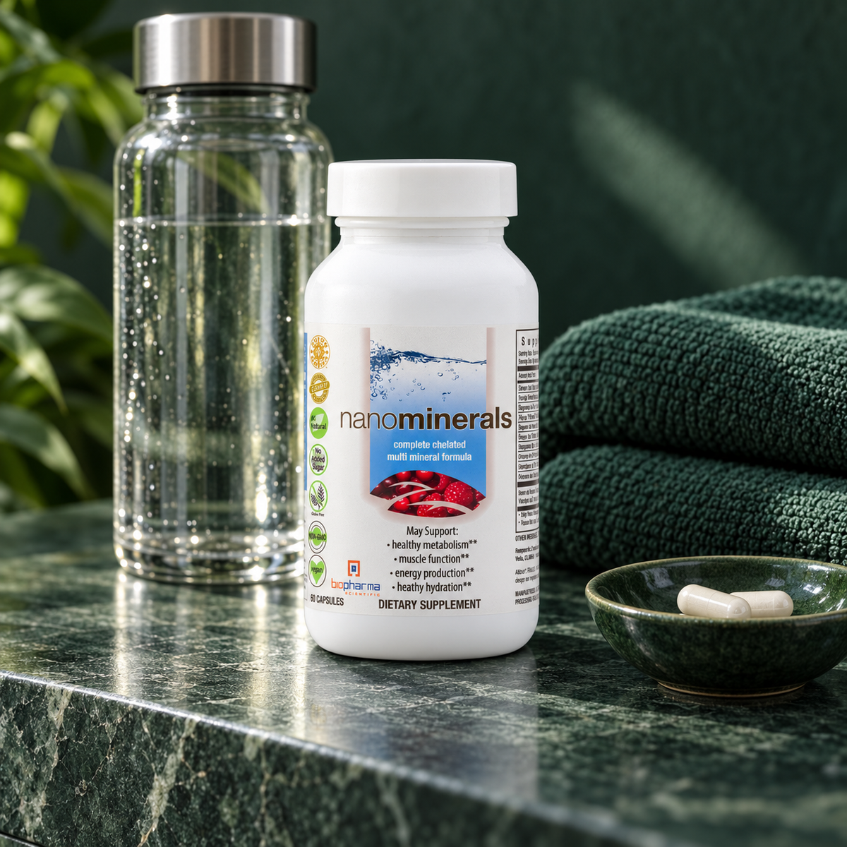 NanoMinerals capsules beside water and a green towel