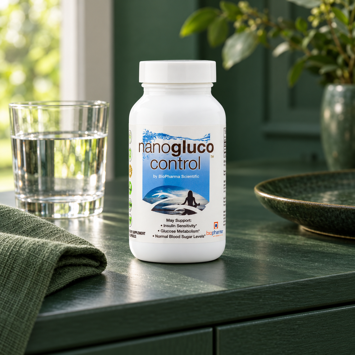 NanoGluco Control capsules in a forest green daily wellness setting