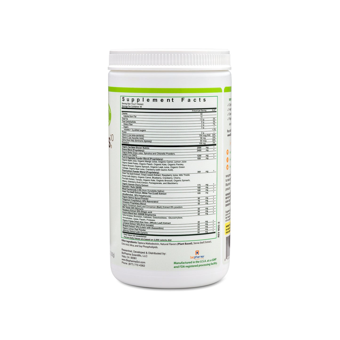 nanogreens strawberry fruit and vegetable superfood powder supplement - back side with nutrition facts