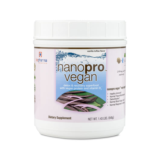 nanopro immune vanilla vegan protein powder supplement with detox and recovery superfood - front side